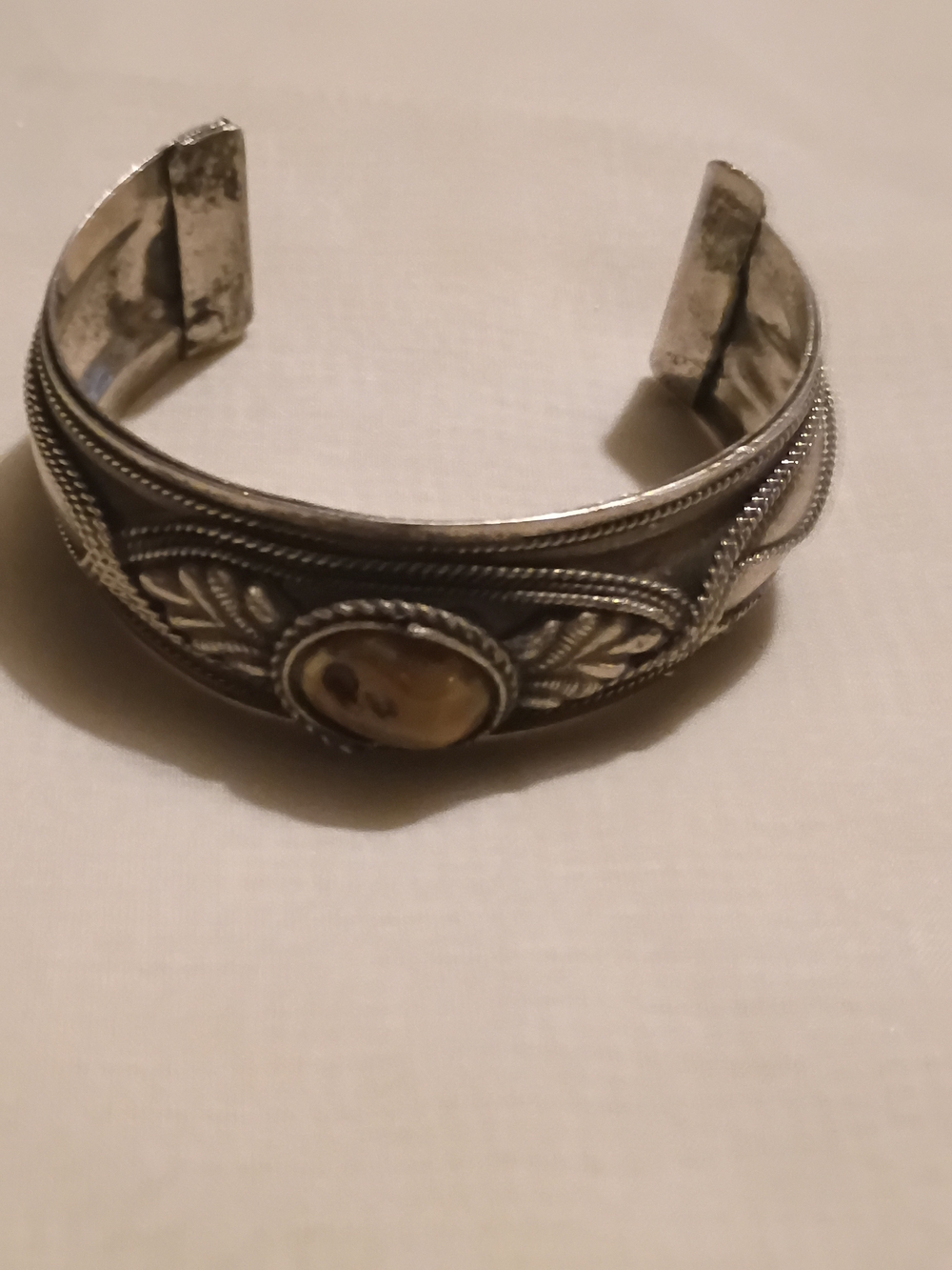 Handcrafted Silver Cuff Bracelet with Amber Accent